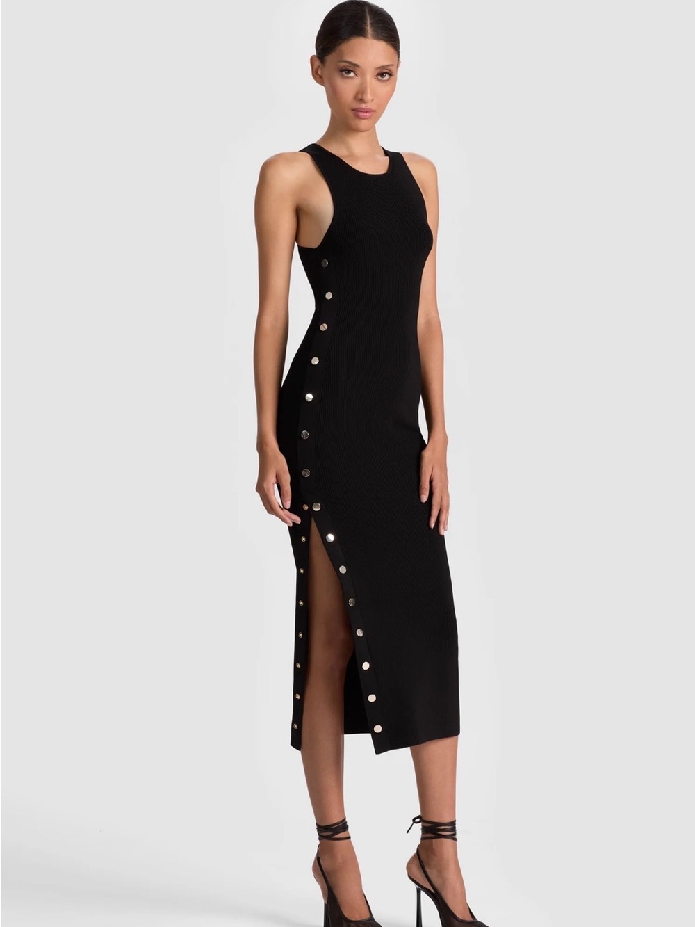 Alice + Olivia Black Sleeveless Button-Side Midi Dress